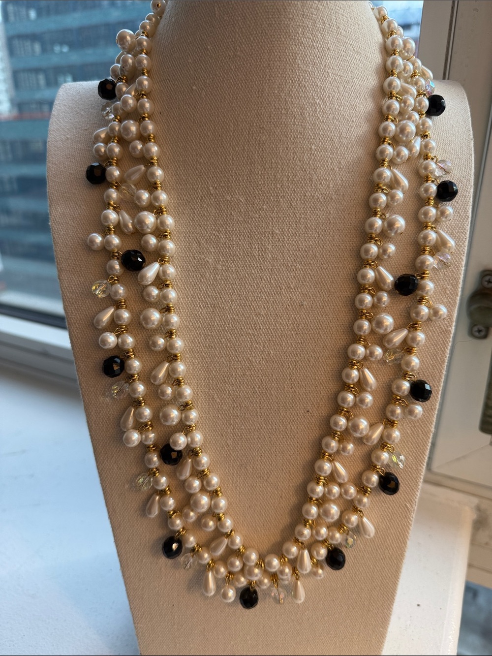 Multi Strand Freshwater Pearl Cluster Necklace w/Dark & Iridescent Accent Beads.